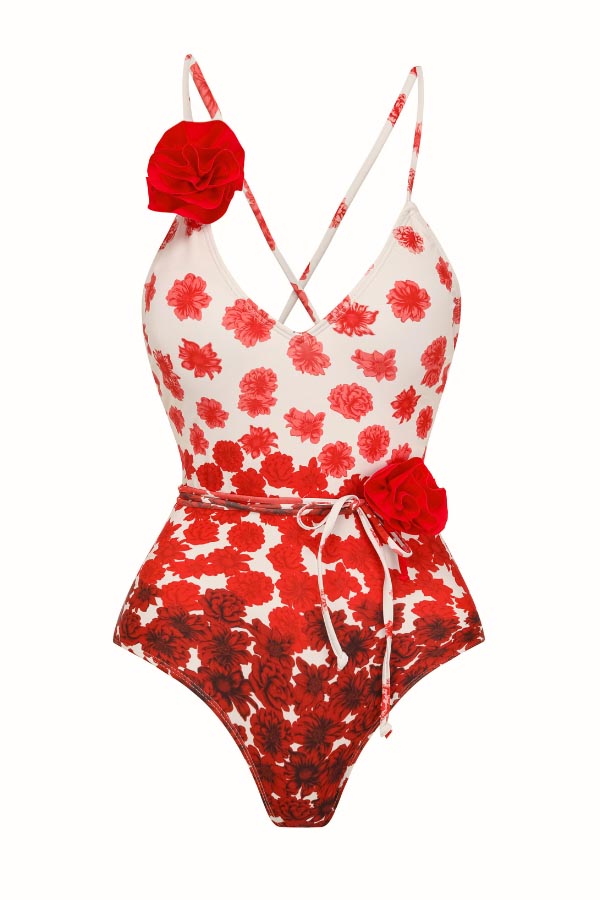 Flower Gradient Print 3D Small Flowers Straps One Piece Swimsuit and Skirt