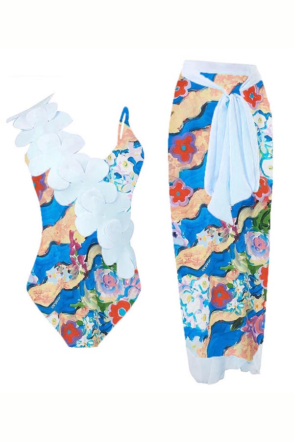 Watercolor Printed One-Piece Swimsuit + Cover Skirt