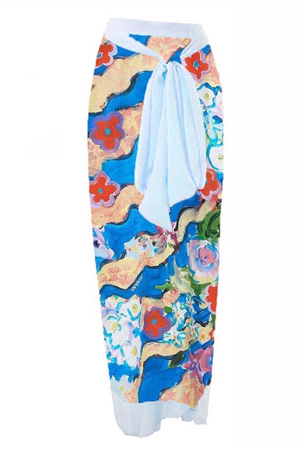 Watercolor Printed One-Piece Swimsuit + Cover Skirt