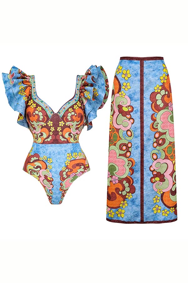 V Neck Ruffle Underwired Printed Backless One Piece Swimsuit and Skirt