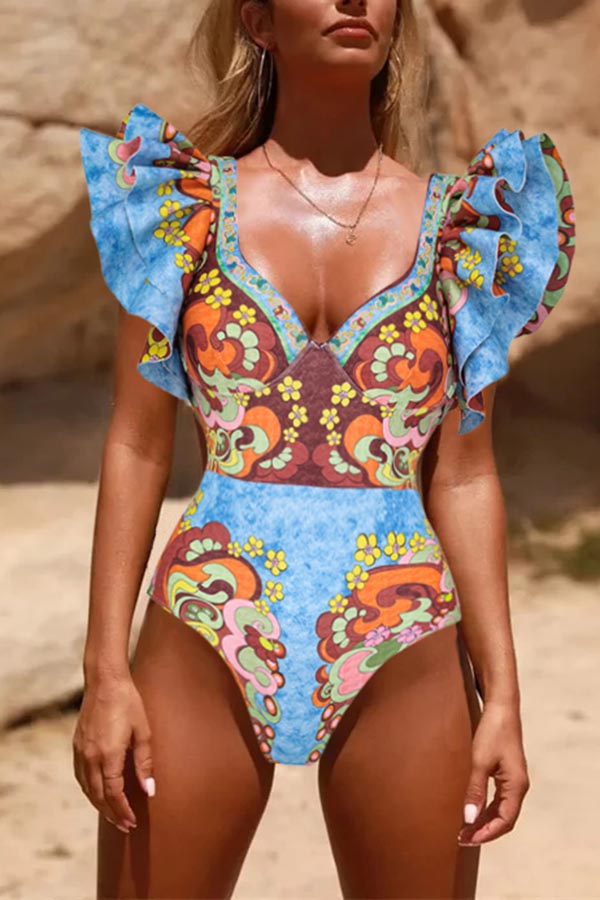 V Neck Ruffle Underwired Printed Backless One Piece Swimsuit and Skirt