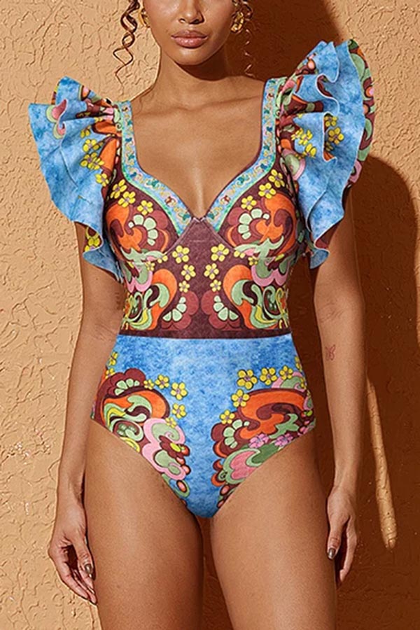 V Neck Ruffle Underwired Printed Backless One Piece Swimsuit and Skirt