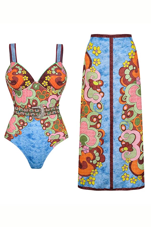 Sling Color Blcok Printed One Piece Swimsuit and Skirt