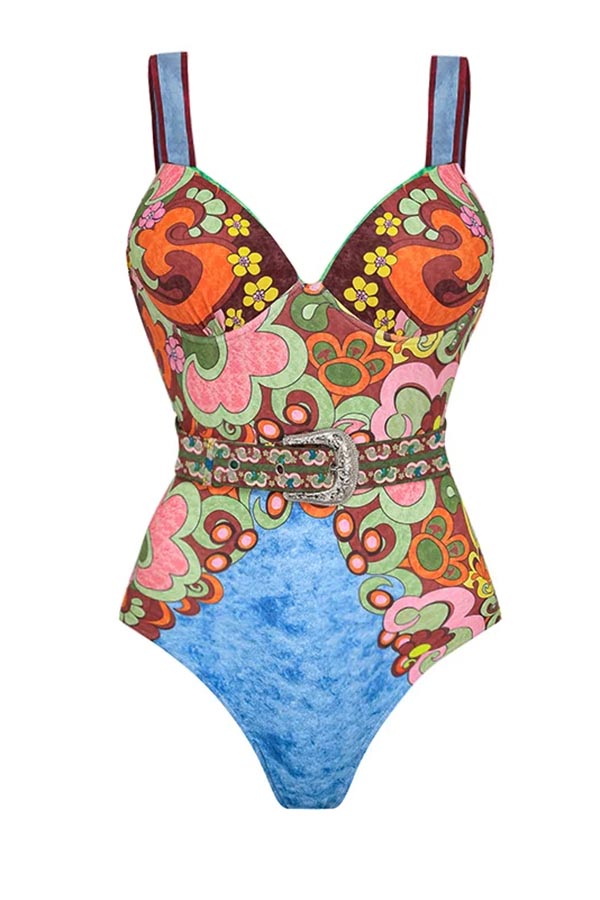 Sling Color Blcok Printed One Piece Swimsuit and Skirt