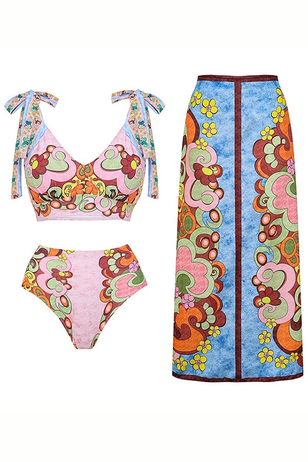 Tie-shoulder Printed High Waist Bikini Swimsuit and Skirt