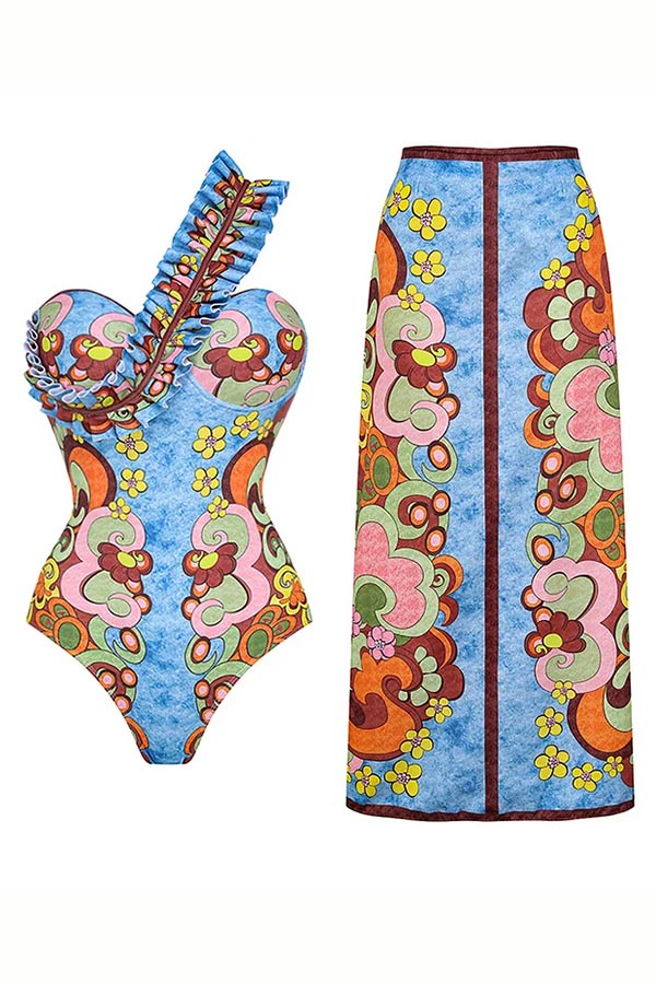 One Shoulder Underwired Printed One Piece Swimsuit and Skirt