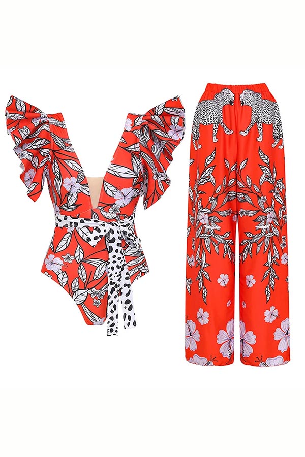 V Neck Ruffle Printed One Piece Swimsuit with Belt and Pants