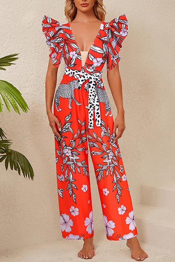 V Neck Ruffle Printed One Piece Swimsuit with Belt and Pants