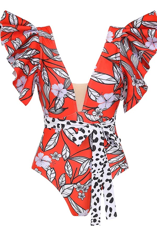 V Neck Ruffle Printed One Piece Swimsuit with Belt and Pants