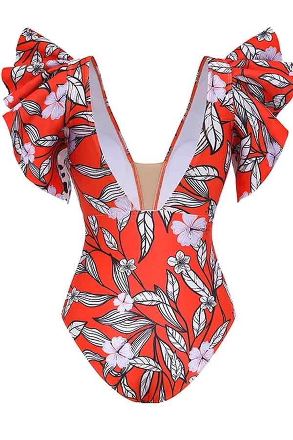 V Neck Ruffle Printed One Piece Swimsuit with Belt and Pants