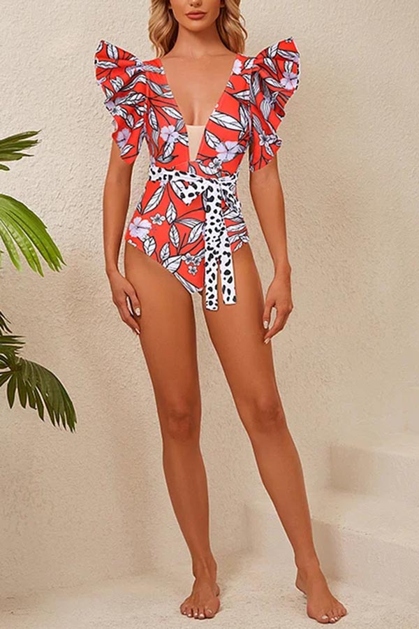 V Neck Ruffle Printed One Piece Swimsuit with Belt and Pants