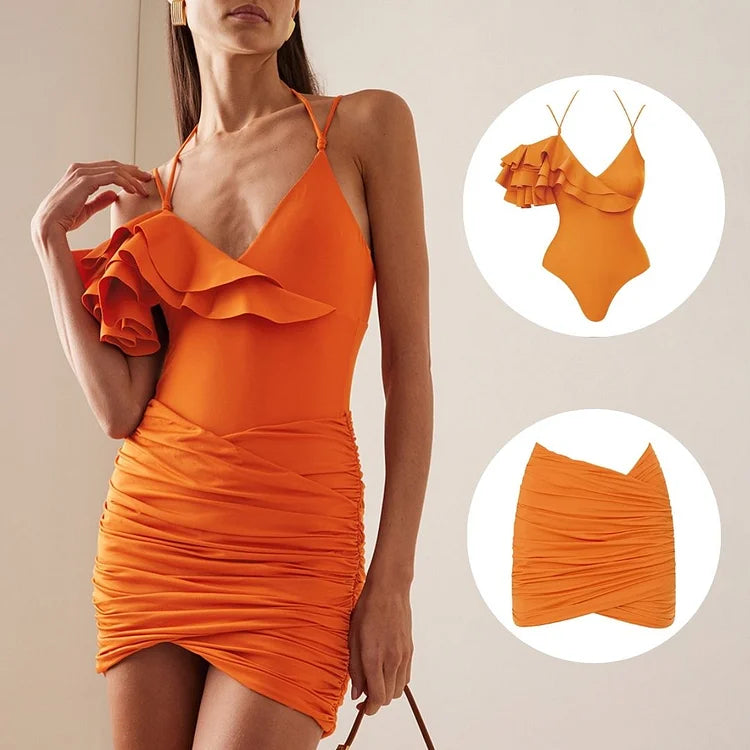 One Shoulder Ruffles One Piece Swimsuit and Skirt