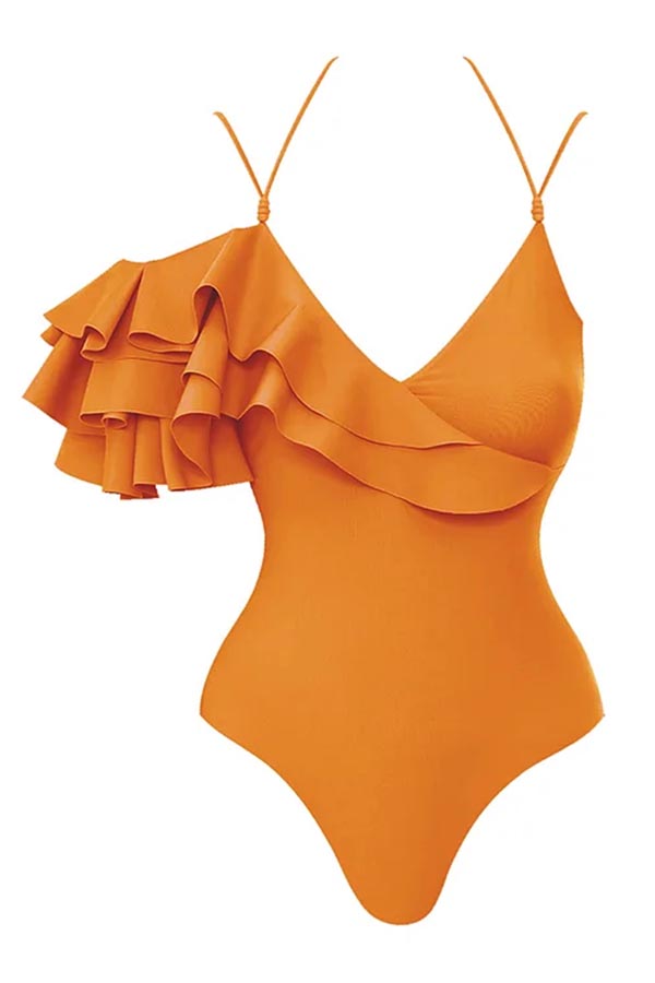 One Shoulder Ruffles One Piece Swimsuit and Skirt