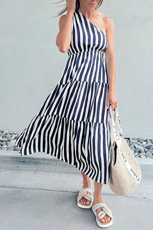 Vertical Striped Sleeveless One-Shoulder Dress