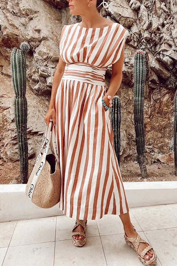 Orange Vertical Striped Sleeveless Cotton And Linen Blend Dress