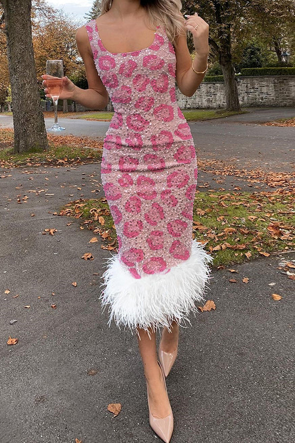 Feather-Trimmed Pink Leopard-Print Sequin Dress