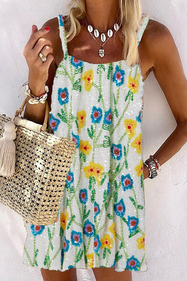 Floral Sequin Embroidered Spaghetti Strap Dress