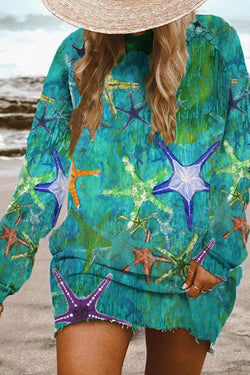 Heavy Cotton Oil Painting Starfish Print Sweatshirt Dress