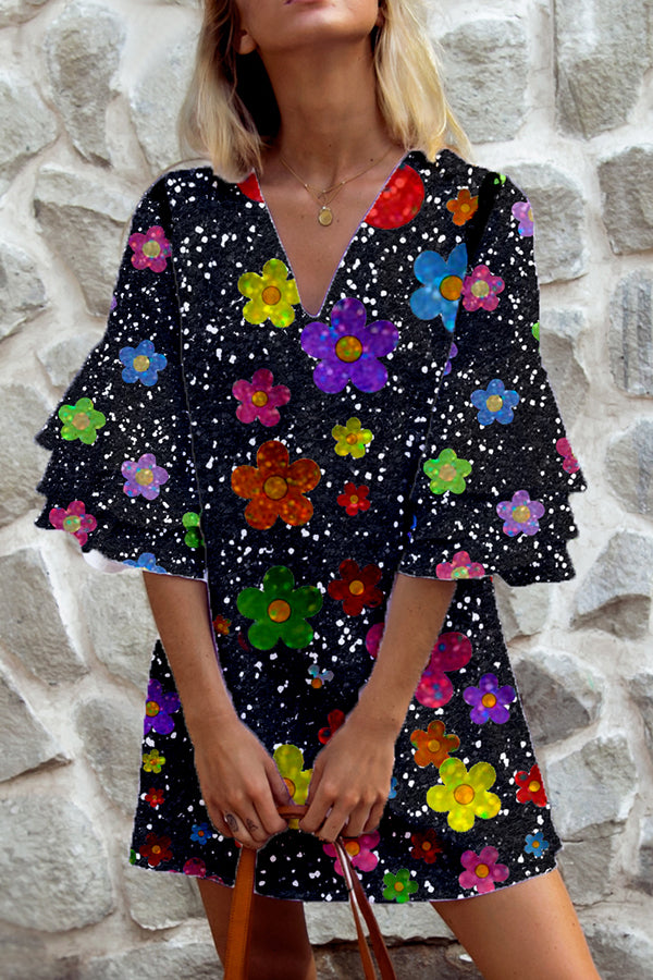 Floral Sequin Embroidered Tiered Sleeve Dress