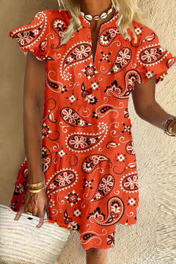 Orange Cashew Flower Print Cotton Dress