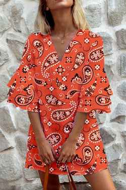 Orange Cashew Flower Print Layered Sleeve Dress