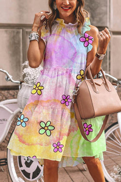 Tie-Dye Floral Print Cotton Dress