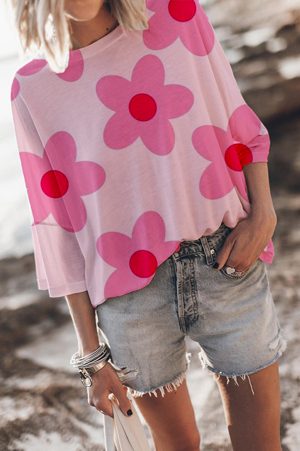 Pink Flower Print Breathable Ice Silk T-Shirt