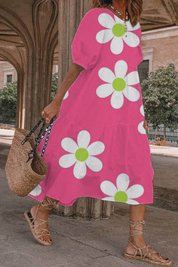 Hot Pink Floral Print Cotton Dress