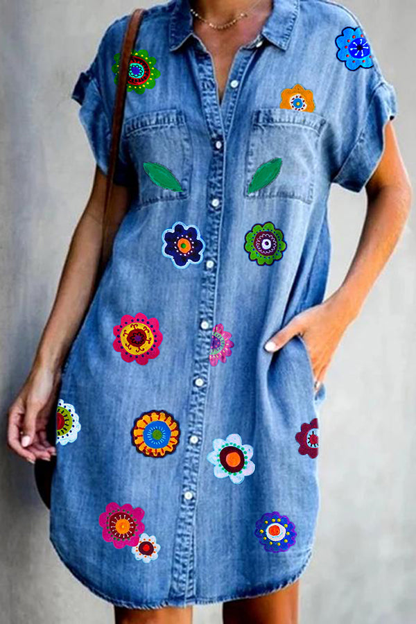 Art Print Blue Denim Mini Dress