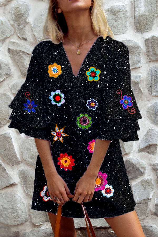 Sparkling Art Print Black Sequin Dress