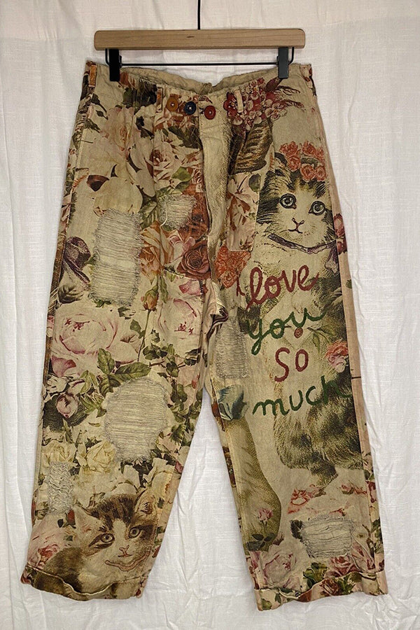 Floral Cat Embroidery Ripped Jeans