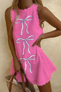 Cute Hot Pink Bow Print Mini Dress