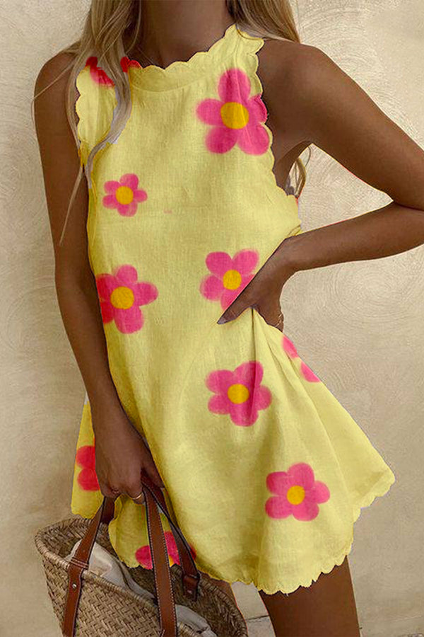 Cream Yellow Printed Linen Dress