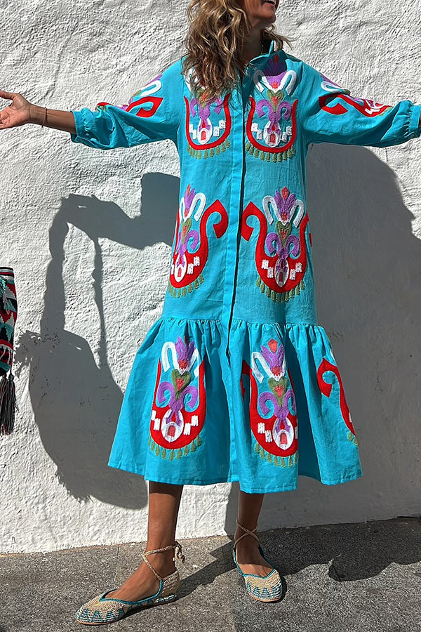 Take Me To Cabo Ethnic Unique Print Button Loose Shirt Midi Dress