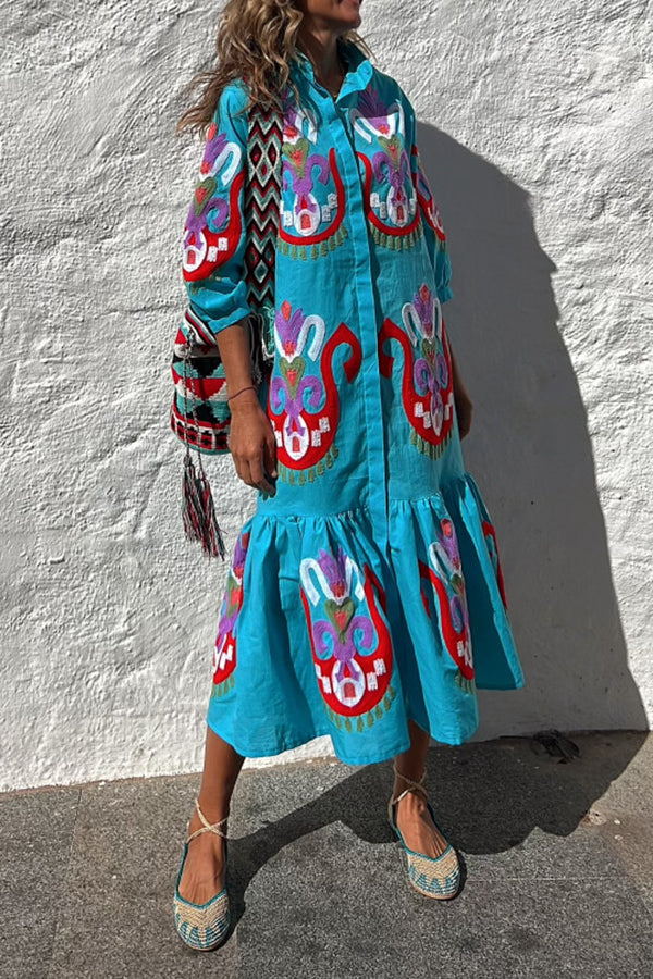 Take Me To Cabo Ethnic Unique Print Button Loose Shirt Midi Dress