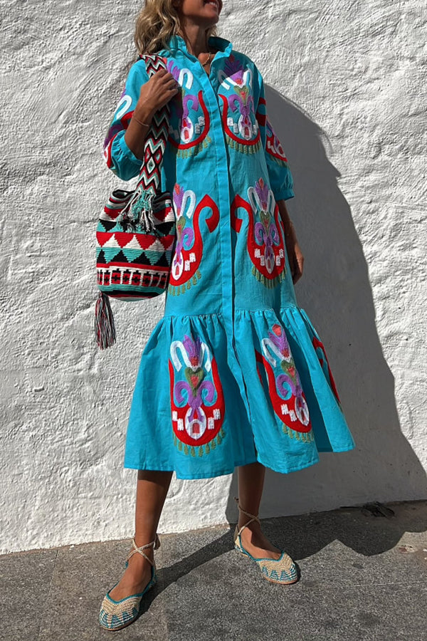 Take Me To Cabo Ethnic Unique Print Button Loose Shirt Midi Dress