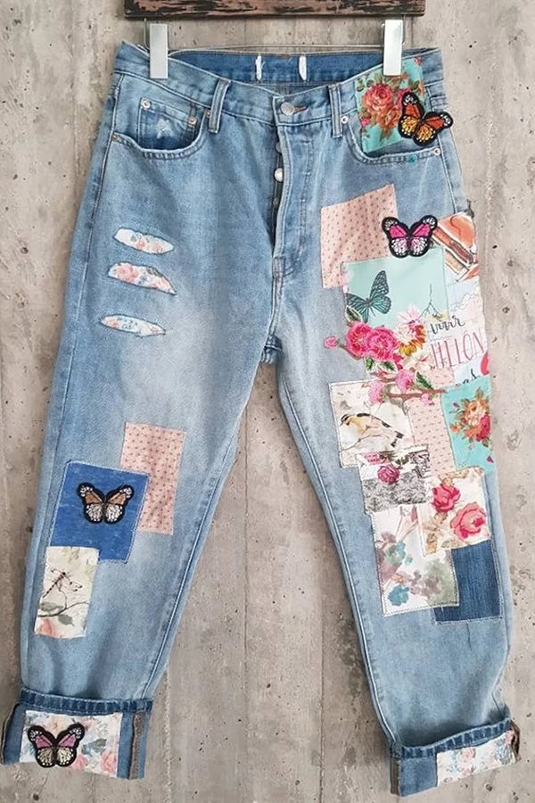 Casual Washed Denim Floral Animal Patchwork Slant Pocket Jeans