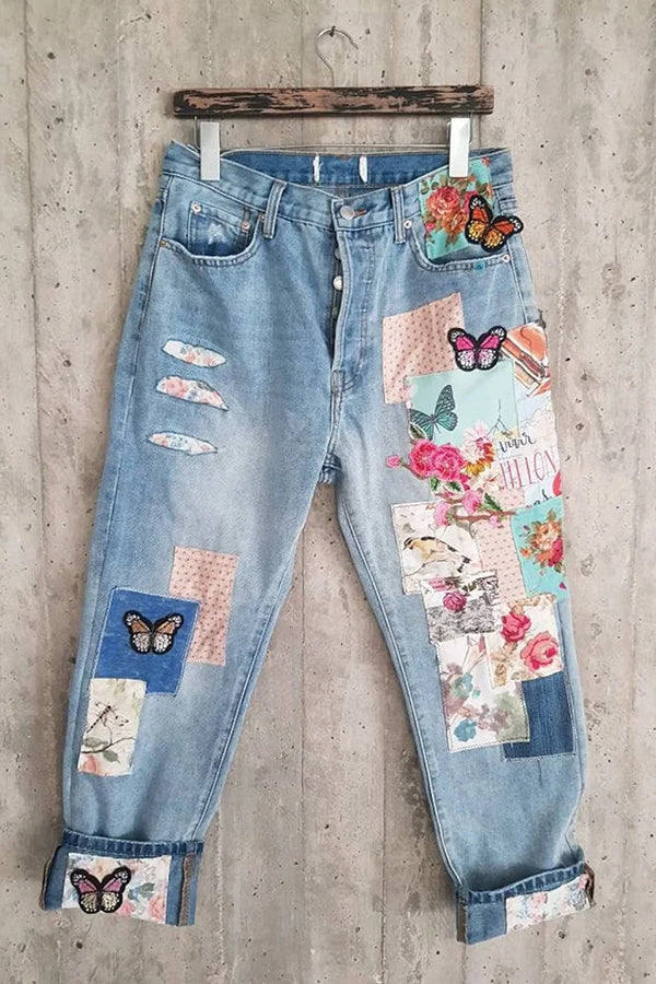 Casual Washed Denim Floral Animal Patchwork Slant Pocket Jeans