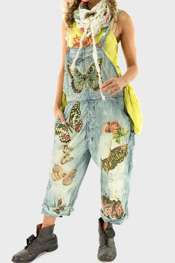 Vintage Floral Butterfly Washed Pocket Denim Overalls Jumpsuit