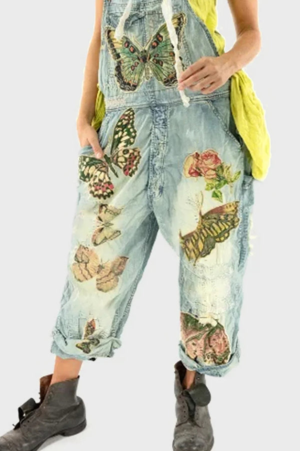 Vintage Floral Butterfly Washed Pocket Denim Overalls Jumpsuit