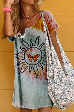 Colorful Tie-Dye Printed Cotton T-Shirt Dress