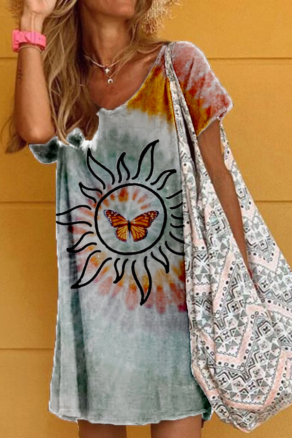 Colorful Tie-Dye Printed Cotton T-Shirt Dress