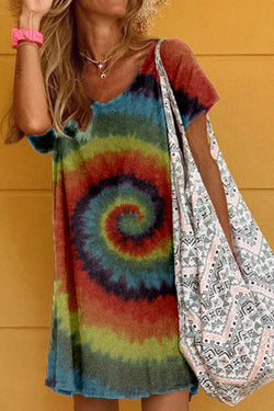 Colorful Tie-Dye Printed Cotton T-Shirt Dress