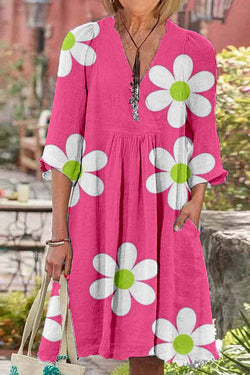 Hot Pink Floral Print Linen Mini Dress