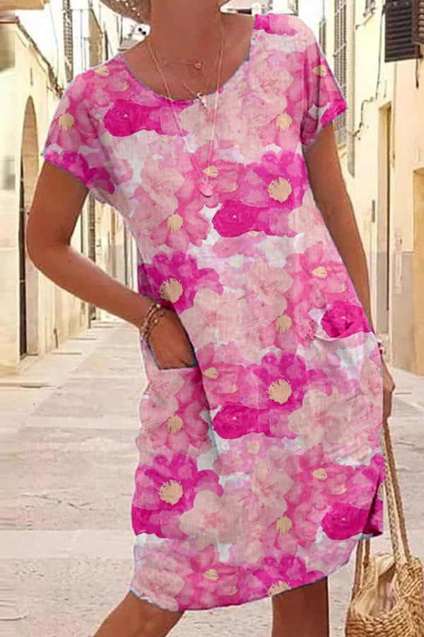 Clustered Floral Print Linen Dress