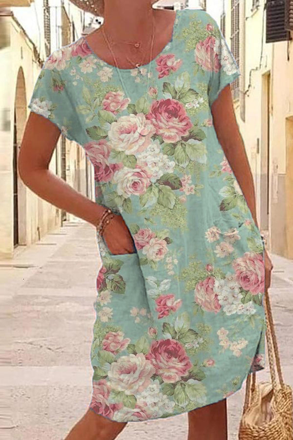 Clustered Floral Print Linen Dress