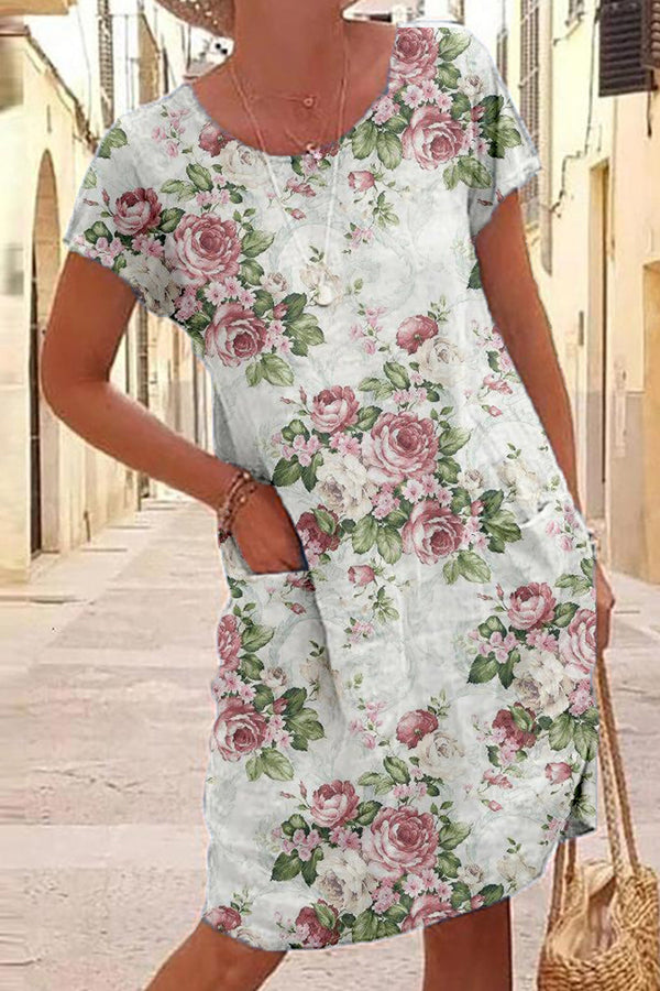 Clustered Floral Print Linen Dress