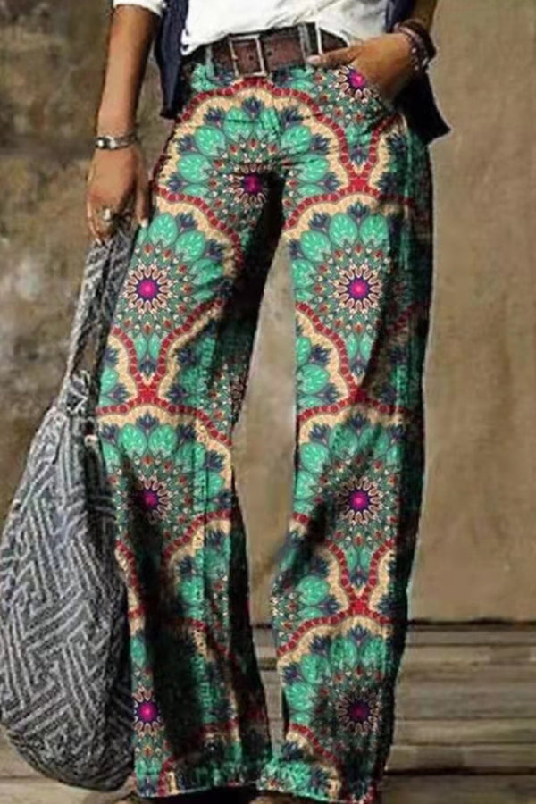 Straight Style Casual Retro Floral Print Pants