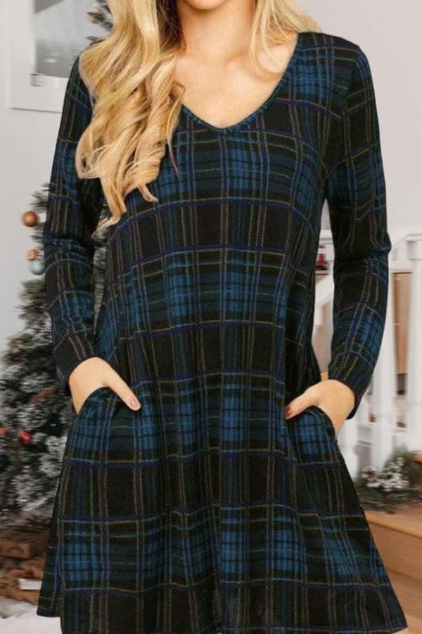 Plaid Print V-Neck Pocket Long-Sleeve Dress