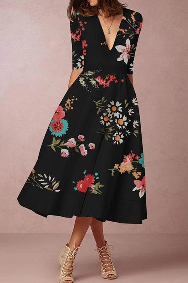 Floral V-Neck Waisted Half-Sleeve Dress